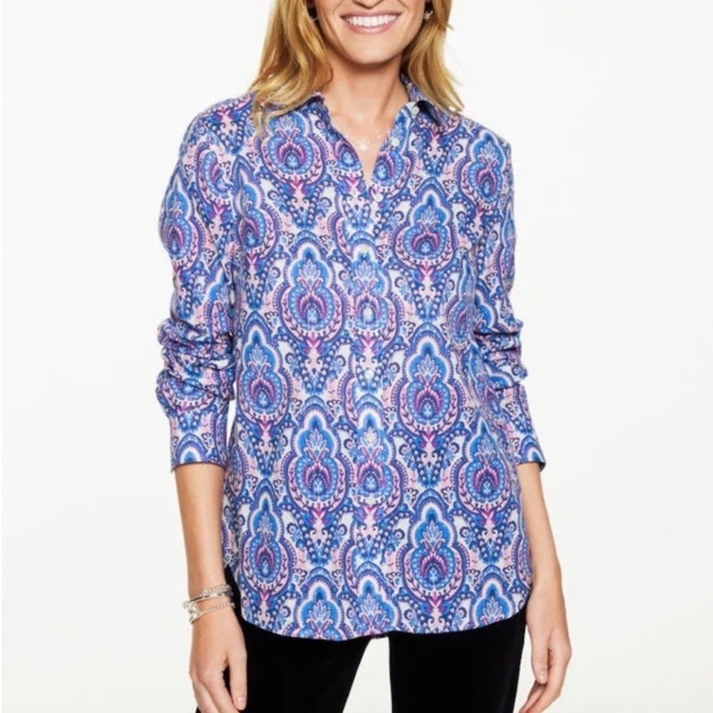 Talbots Metallic Modern Classic Shirt Joyful Blue Damask Button Up Cotton L P‎